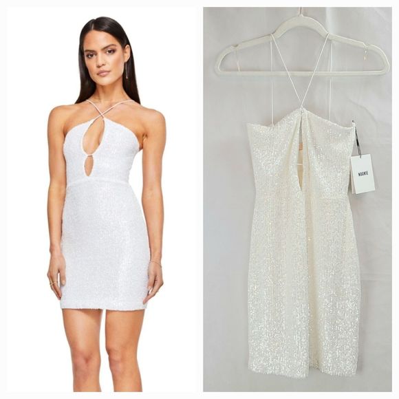NWT Nookie Supreme Mini Women's (L) White Sequin Spaghetti Strap Mini Dress-$279 - Picture 1 of 9